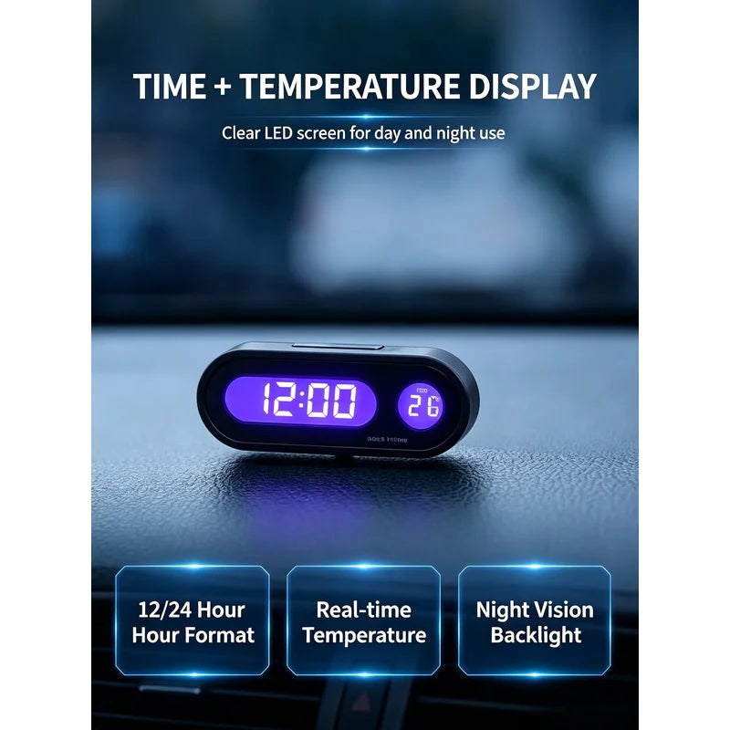 Mini Car Digital Clock LED Backlight Time Temperature Display Adjustable Angle