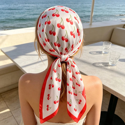 Luxury Satin Square Scarf 70x70cm Cute Cherry Fruit Pattern Women Shawl Wrap Fashion Small Bag Hair Tie Bandana