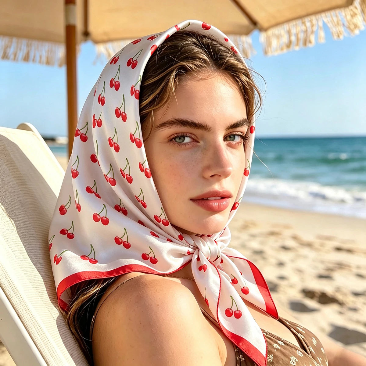 Luxury Satin Square Scarf 70x70cm Cute Cherry Fruit Pattern Women Shawl Wrap Fashion Small Bag Hair Tie Bandana