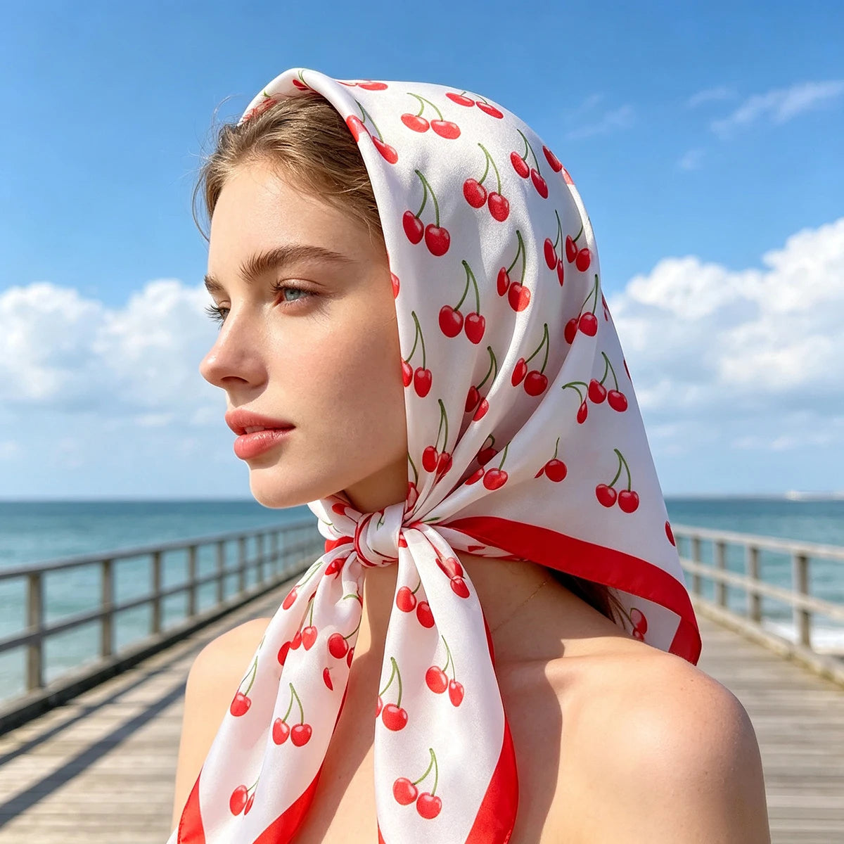 Luxury Satin Square Scarf 70x70cm Cute Cherry Fruit Pattern Women Shawl Wrap Fashion Small Bag Hair Tie Bandana