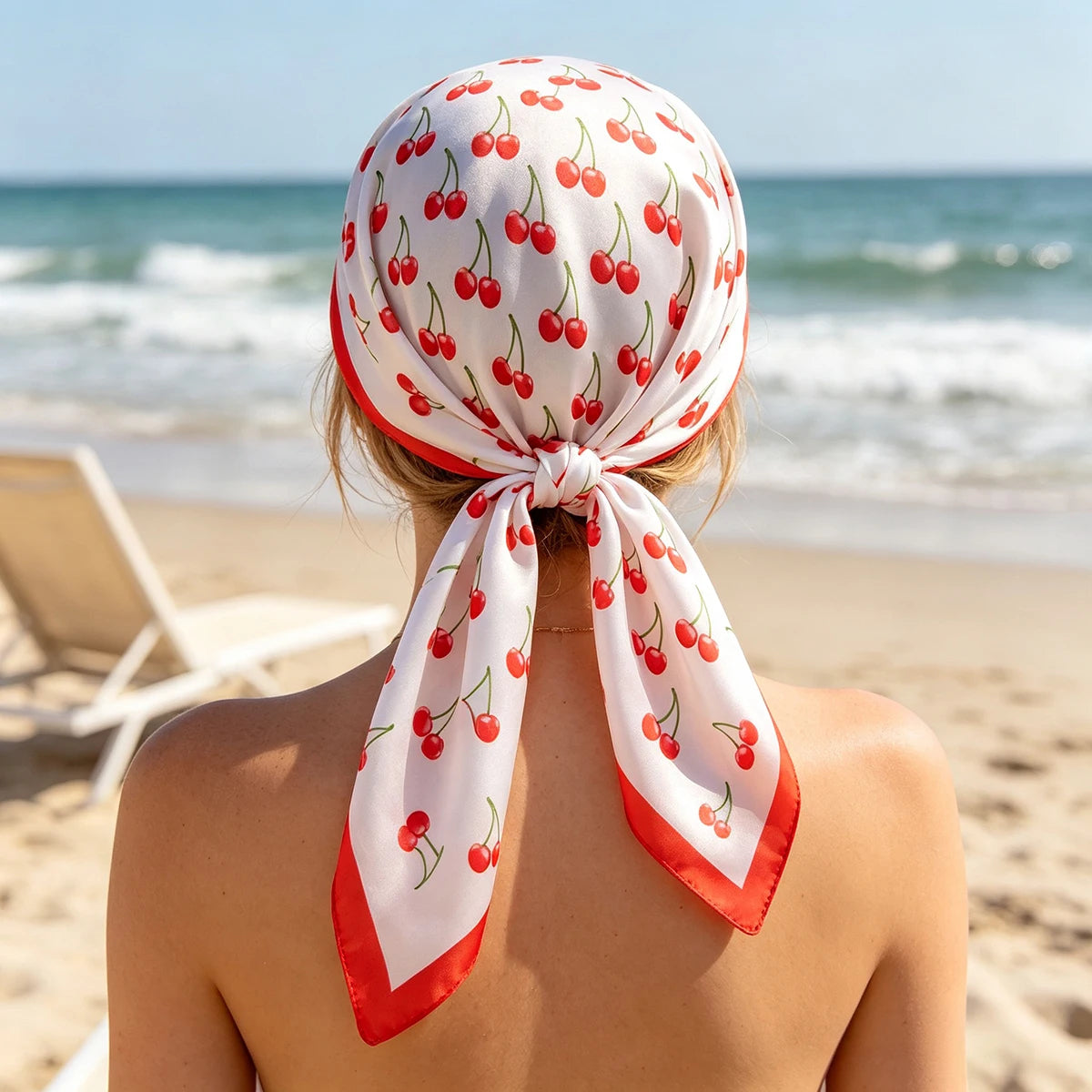 Luxury Satin Square Scarf 70x70cm Cute Cherry Fruit Pattern Women Shawl Wrap Fashion Small Bag Hair Tie Bandana