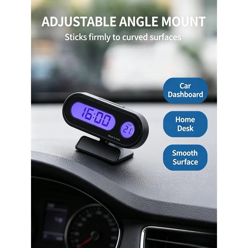 Mini Car Digital Clock LED Backlight Time Temperature Display Adjustable Angle