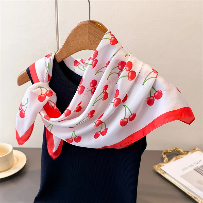 Luxury Satin Square Scarf 70x70cm Cute Cherry Fruit Pattern Women Shawl Wrap Fashion Small Bag Hair Tie Bandana