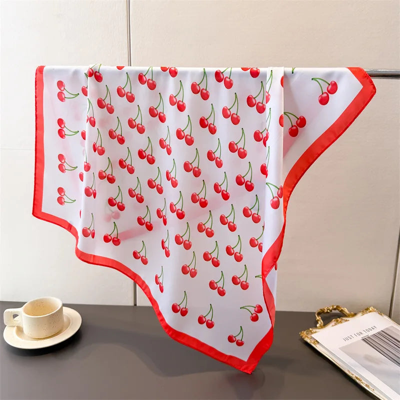 Luxury Satin Square Scarf 70x70cm Cute Cherry Fruit Pattern Women Shawl Wrap Fashion Small Bag Hair Tie Bandana